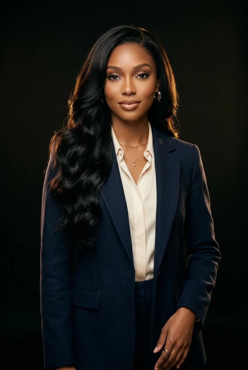 African American woman with 20 inch body wave hair, professionally dressed